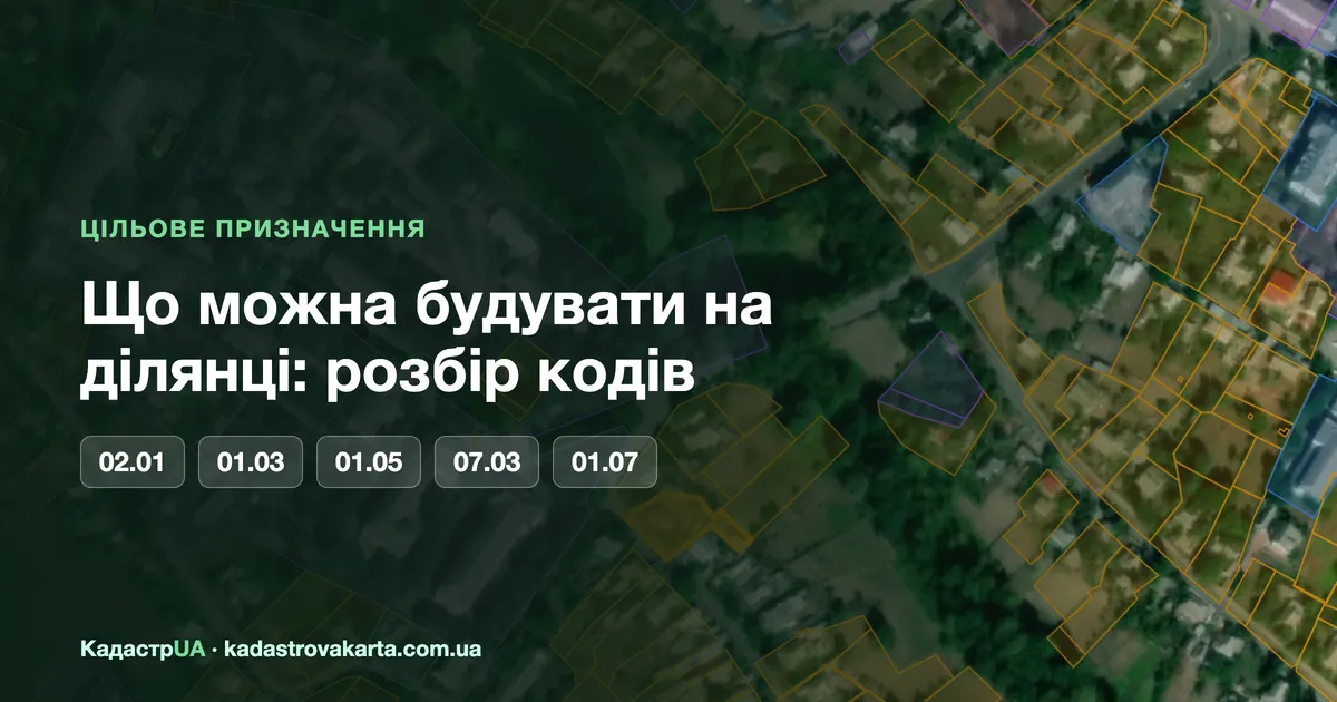 Супутниковий знімок села з межами ділянок і кодами цільового призначення 02.01, 01.03, 01.05, 07.03, 01.07