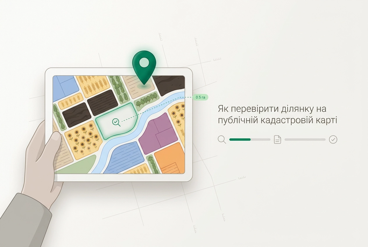 Professional header image for educational tutorial: Як перевірити ділянку на публічній кадастровій карті